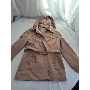 Vtg Womens Short Trench Coat Pink Dusty Rose M/7 Sears Bazaar Hood Belt Classic